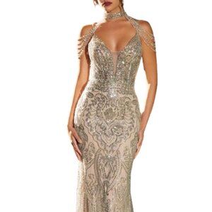 Andrea and Leo A1312 Evening Dress Silver Nude size 16